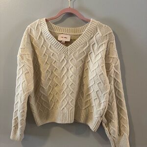 Pink Rose V-Neck Cable Knit Sweater - Cream